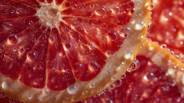 Close-up of a red grapefruit slice with juicy segments and droplets on the surface.