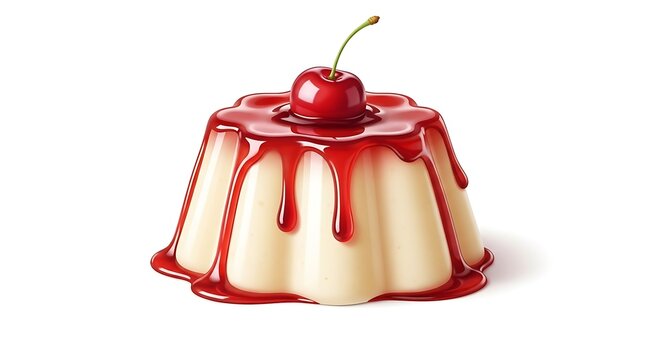 &ldquo;realistic cartoon manjar branco with glossy cherry syrup on top, creamy texture, isolated on pure white background with soft natural shadow and wide blank space around&rdquo;