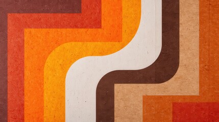 A vibrant, abstract pattern featuring wavy lines in shades of orange, brown, and cream, creating a retro aesthetic.