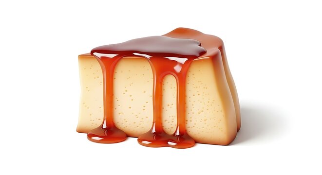 &ldquo;realistic cartoon slice of pudim de leite with caramel sauce dripping, detailed reflections and natural shadow, isolated on white background with space around&rdquo;