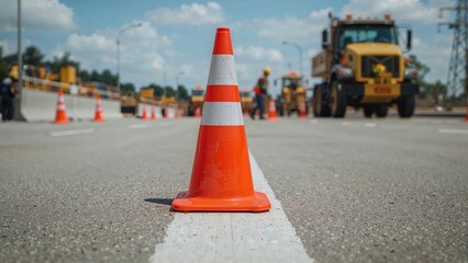 Bright orange traffic cones for construction on the road during infrastructure work
