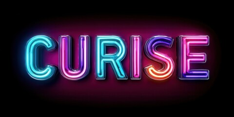 A vibrant neon sign spelling "CURISE" in multicolored lights against a dark background.