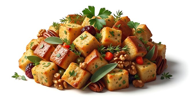 &ldquo;cartoon realistic Christmas stuffing with bread cubes, nuts and herbs, warm tones, isolated on clean white background with generous space around&rdquo;