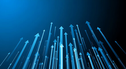 Obraz premium Upward arrows pointing to the future on blue background, growth concept
