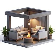 3d cozy pergola seating area with fire pit
