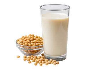 Glass of creamy soy milk next to bowl of soybeans on black background drink beverage, Png, Isolated on Transparent Background, Cut Out