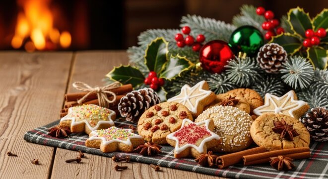 Christmas cookies and decorations on a wooden table with a fireplace in the background.