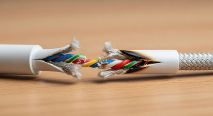 Damaged network cable with exposed colored wires and burn marks indicating electrical failure on wooden surface