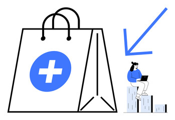 Large shopping bag showing a medical cross, blue arrow pointing to a woman using a laptop seated on bar charts. Ideal for healthcare, e-commerce, data analysis, growth, technology, online services