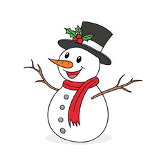 Happy snowman wearing a top hat and red scarf with holly decoration