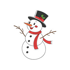 Cute cartoon snowman wearing a top hat and scarf