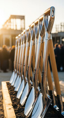 Shiny metal shovels lined up in soil at a groundbreaking ceremony with sunlight and people gathered in the background