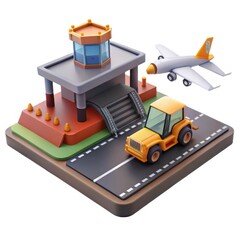 3d airport scene with airplane and vehicle