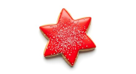 Christmas cookie shaped like a star with red icing details, smooth surface and sugar texture, on white.