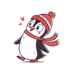 Cute cartoon penguin wearing a red hat and scarf with hearts