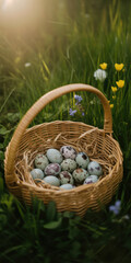 Wicker basket filled with assorted speckled eggs resting in fresh spring grass among wildflowers under soft morning sunlight