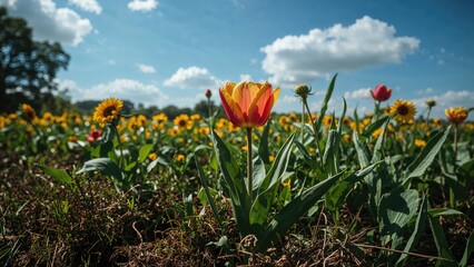 Tulip in the sunflower, sky, nature, spring, leaf, sun, floral, garden, green, growth
