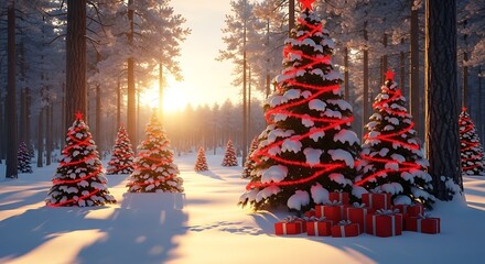 Christmas trees with red ribbon and gifts in snowy winter forest scene