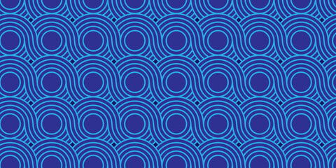 Minimal abstract ornament repeat spiral flow overlap geometric fashion element floral seamless pattern with blue wave overlapping circles fabric textile design.	