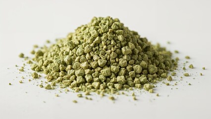 Crushed freeze broccoli with powder in closeup, dehydrated food.