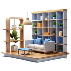 3d modern living room scene with sofa and shelving unit