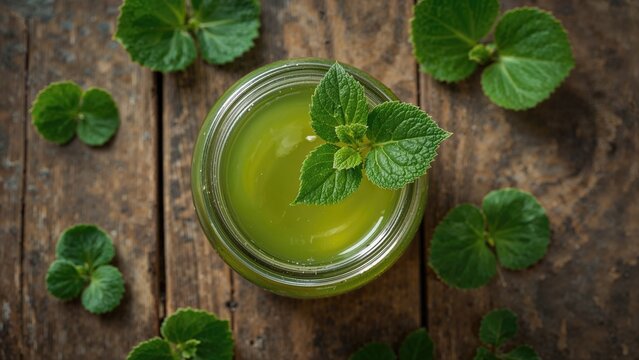 A jar of Plectranthus or Coleus amboinicus syrup for common cold with fresh leaves, top view