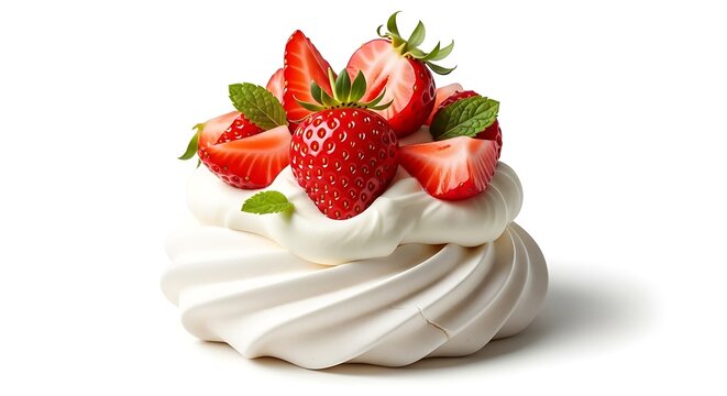 Mini pavlova topped with strawberries and whipped cream, bright colors and airy texture, isolated on pure white. - Powered by Adobe