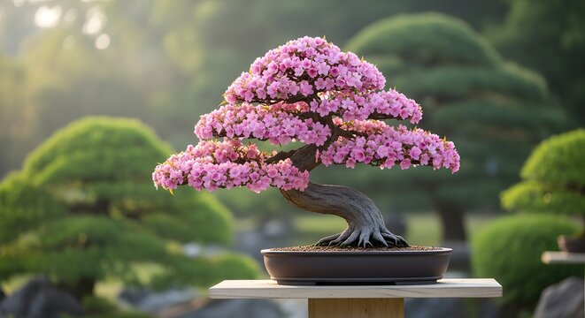Exquisite pink flowering bonsai tree in a tranquil garden setting