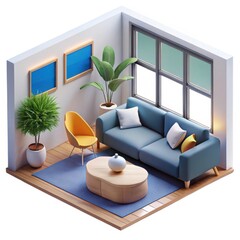 3d cozy living room scene with sofa and coffee table