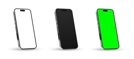 A set of realistic mobile phone mockup with green screen, black and white display. Modern smartphones for advertising and user interface design. Social media template. Vector illustration
