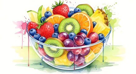 Vibrant watercolor illustration of a fresh fruit salad in a glass bowl.