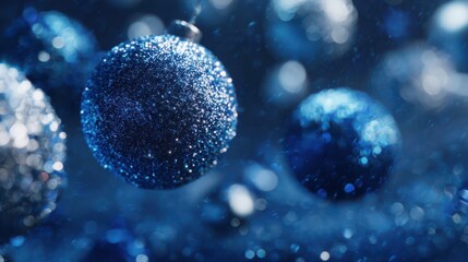 Shimmering blue ornaments create a sparkling winter wonderland ambiance