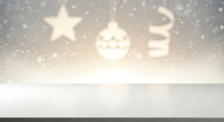 White table with christmas ornaments and snow for product presentation