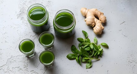 Refreshing green juice shots with fresh ginger and basil ingredients
