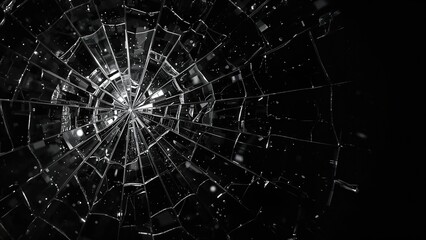 Fototapeta premium Cracked, fractured or broken shattered glass vase with light and dark shiney and shadow background. Monochrome abstract pattern and texture. Close up. Mysterious moody atmosphere.