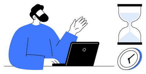 Businessman working at laptop, gesturing thoughtfully with hourglass and clock symbols. Ideal for productivity, time management, efficiency, workplace strategies, planning, deadlines, simple flat