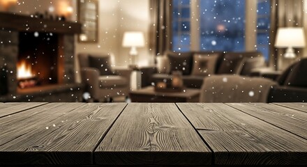 Wooden table top with blurred fireplace and snow background, christmas