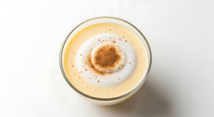 Obraz premium Bowl of creamy eggnog with cinnamon sprinkled on top, smooth foam texture, clean white background.