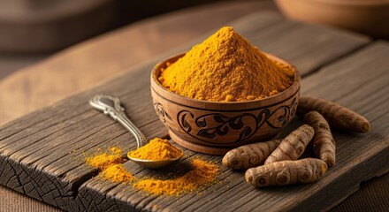 A wooden bowl filled with turmeric powder on a wooden surface with turmeric roots and a spoon.