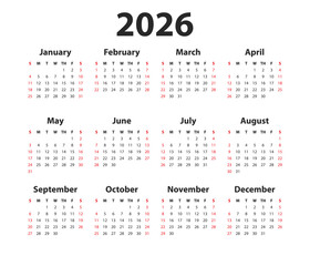 This is a full year 2026 calendar showing all twelve months in a clean, grid format. Weekends are highlighted in red for easy date tracking.