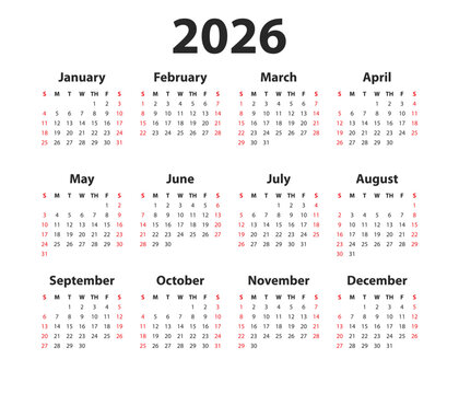 This is a full year 2026 calendar showing all twelve months in a clean, grid format. Weekends are highlighted in red for easy date tracking.