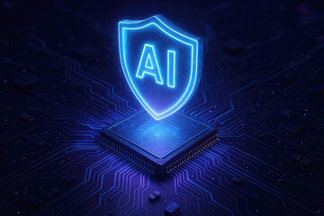 Blue AI shield symbol glowing on a dark circuit board with purple accents artificial intelligence protection