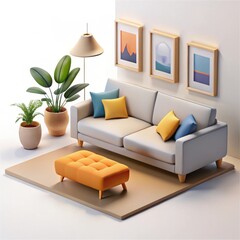 3d modern living room scene with sofa and art