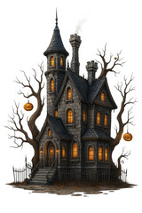 Creepy Haunted Mansion with Glowing Windows – Spooky Halloween House Illustration
