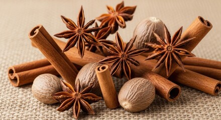 Cinnamon sticks, star anise, and nutmeg on a textured fabric background.