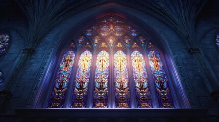 Stained glass window casting colorful light in a grand, ancient cathedral setting