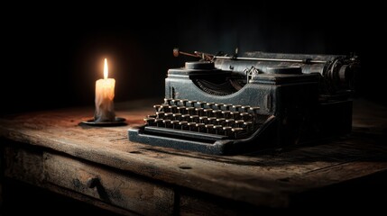 Antique typewriter resting on an old wooden table beside a flickering candle