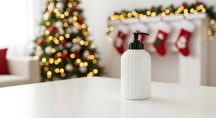 Hand soap on a table with christmas tree and stockings in the background