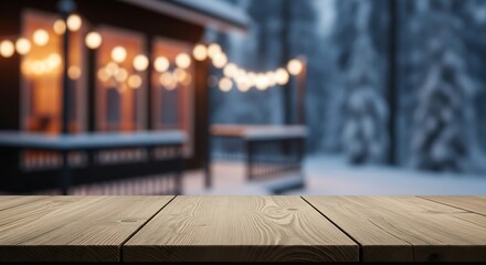 Wooden table with blurred winter cabin and christmas lights in background
