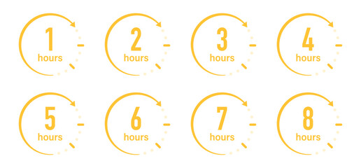 Set of hours icons with circle arrows. Clock hands 1, 2, 3, 4, 5, 6, 7, 8 hours. Stopwatch symbols. Delivery time icon set. Service time, isolated on white. Vector illustration